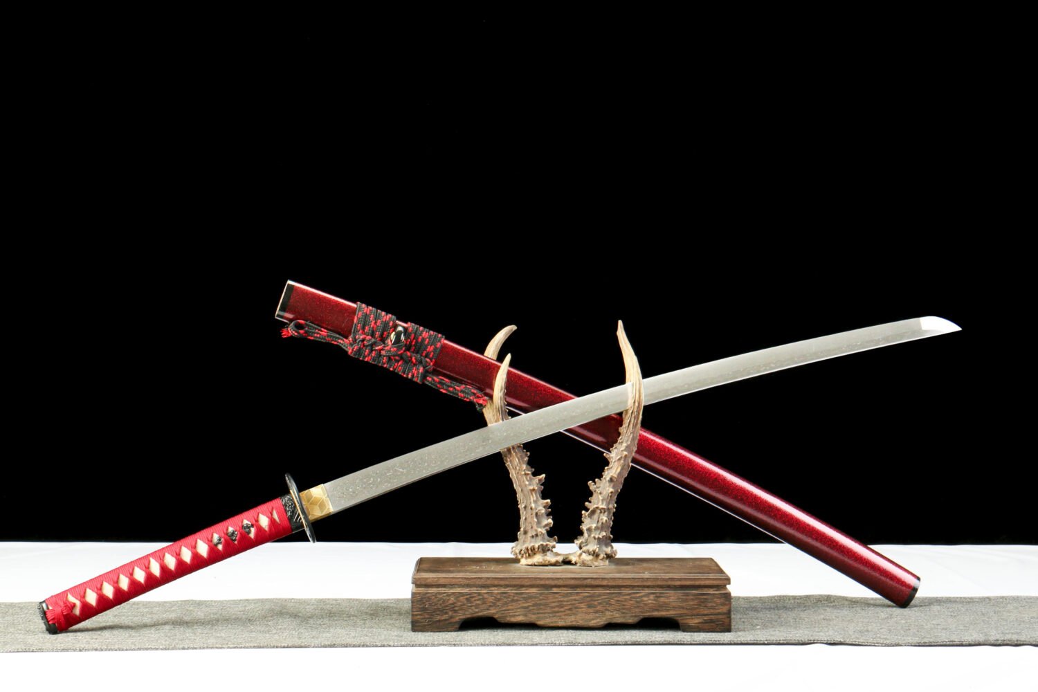 Damascus steel - pure handmade Japanese katana - green leather sheath - iron fittings - genuine leather handle - song blade