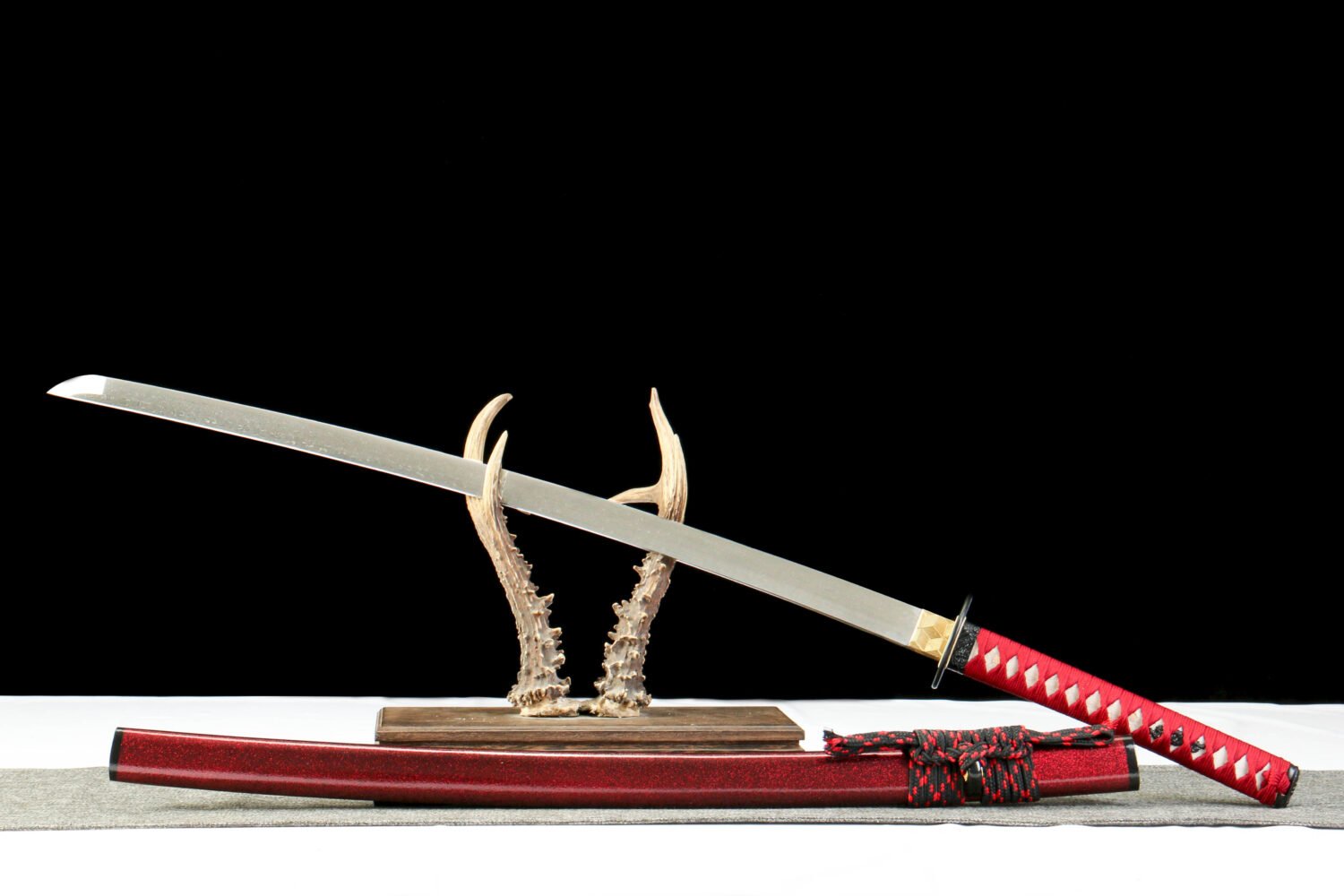 Damascus steel - pure handmade Japanese katana - green leather sheath - iron fittings - genuine leather handle - song blade