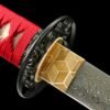 Damascus steel - pure handmade Japanese katana - green leather sheath - iron fittings - genuine leather handle - song blade