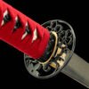 Damascus steel - pure handmade Japanese katana - green leather sheath - iron fittings - genuine leather handle - song blade