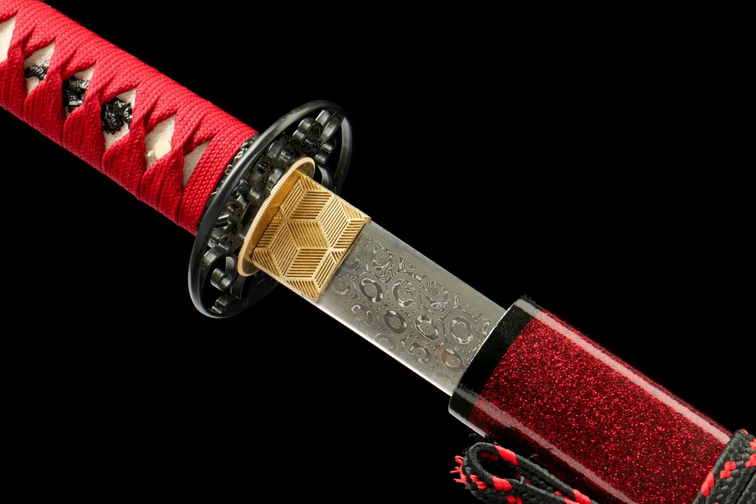 Damascus steel - pure handmade Japanese katana - green leather sheath - iron fittings - genuine leather handle - song blade