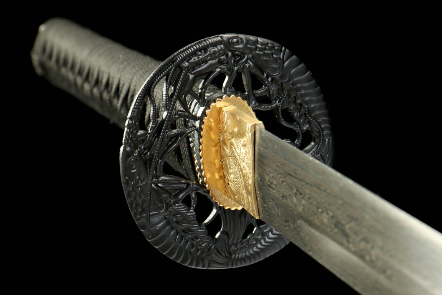 Patterned Steel - Hand-Forged Katana - Green Leather Scabbard - Zinc Alloy Hardware - Midnight Omen