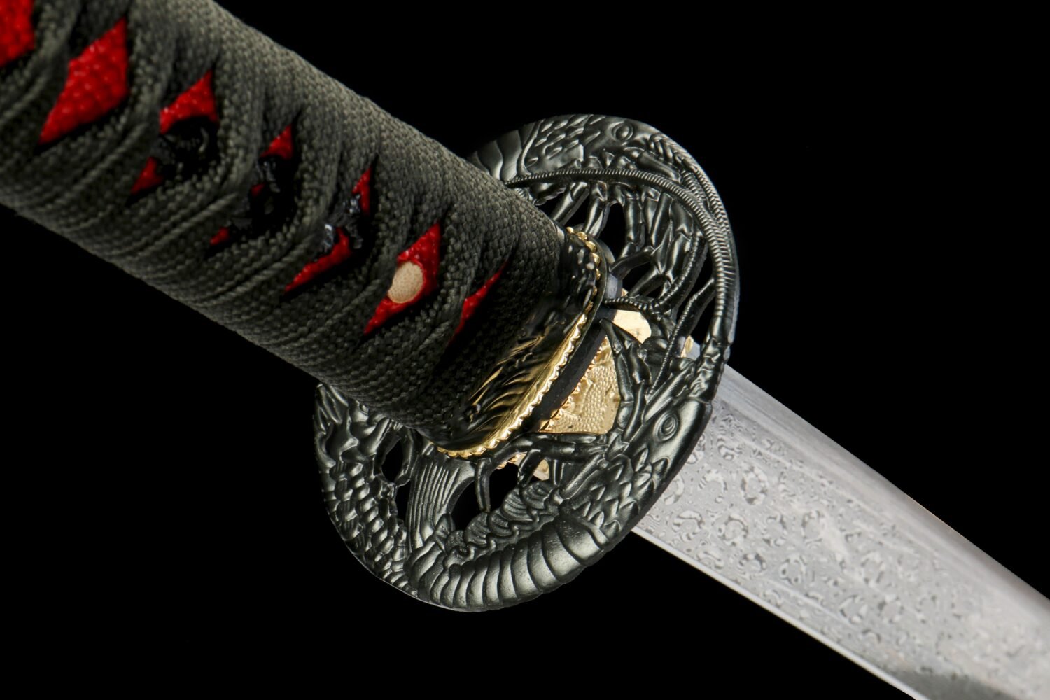 Patterned Steel - Hand-Forged Katana - Green Leather Scabbard - Zinc Alloy Hardware - Midnight Omen