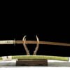 IMG_8865 T10 steel - pure handmade Japanese samurai sword - earth-covered burnt blade - green leather sheath - baked gold - gold flash