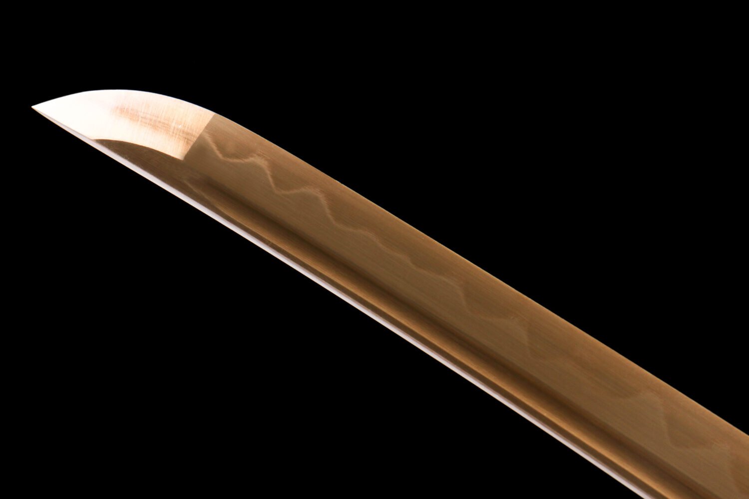 IMG_8884 T10 steel - pure handmade Japanese samurai sword - earth-covered burnt blade - green leather sheath - baked gold - gold flash