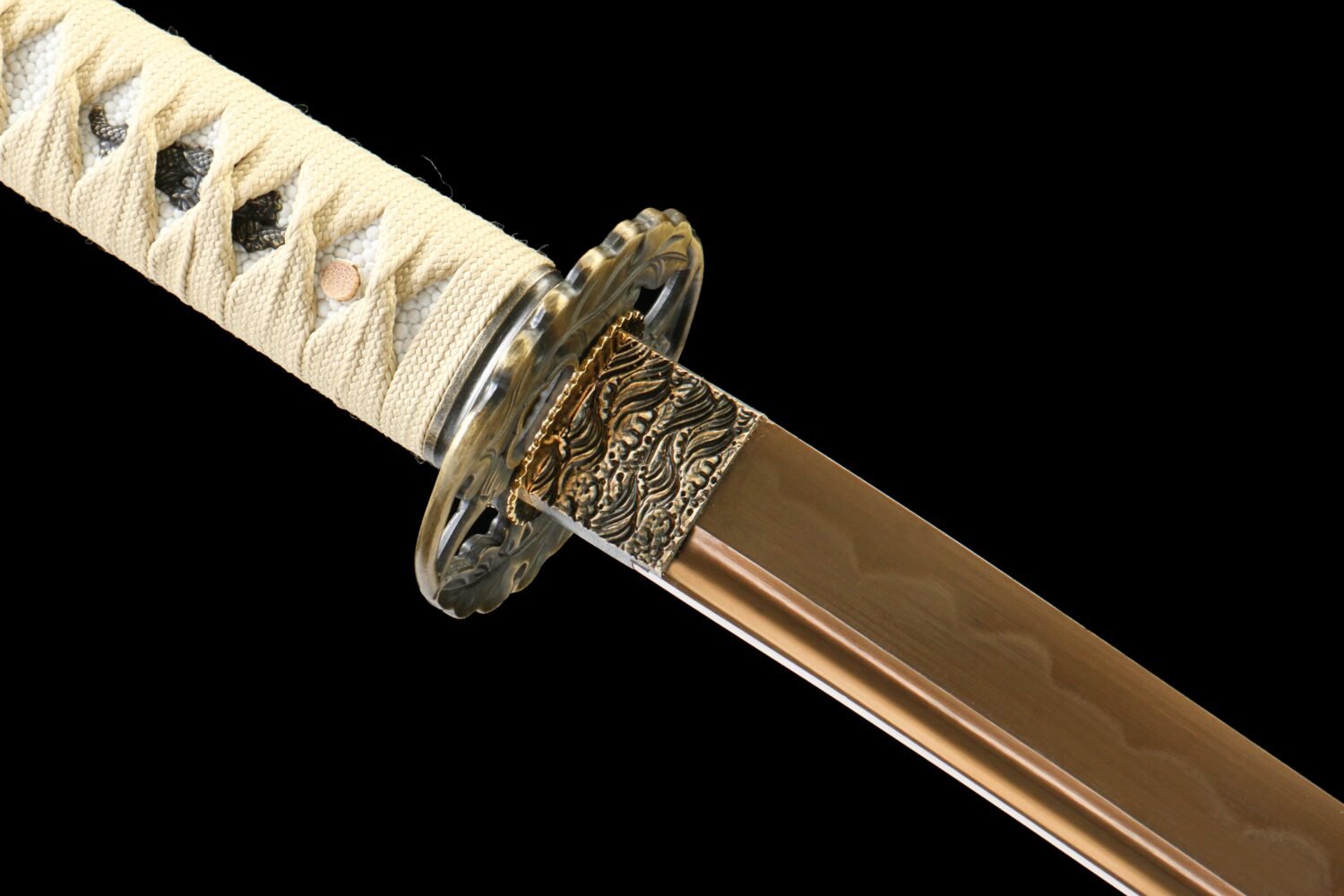 IMG_8887 T10 steel - pure handmade Japanese samurai sword - earth-covered burnt blade - green leather sheath - baked gold - gold flash