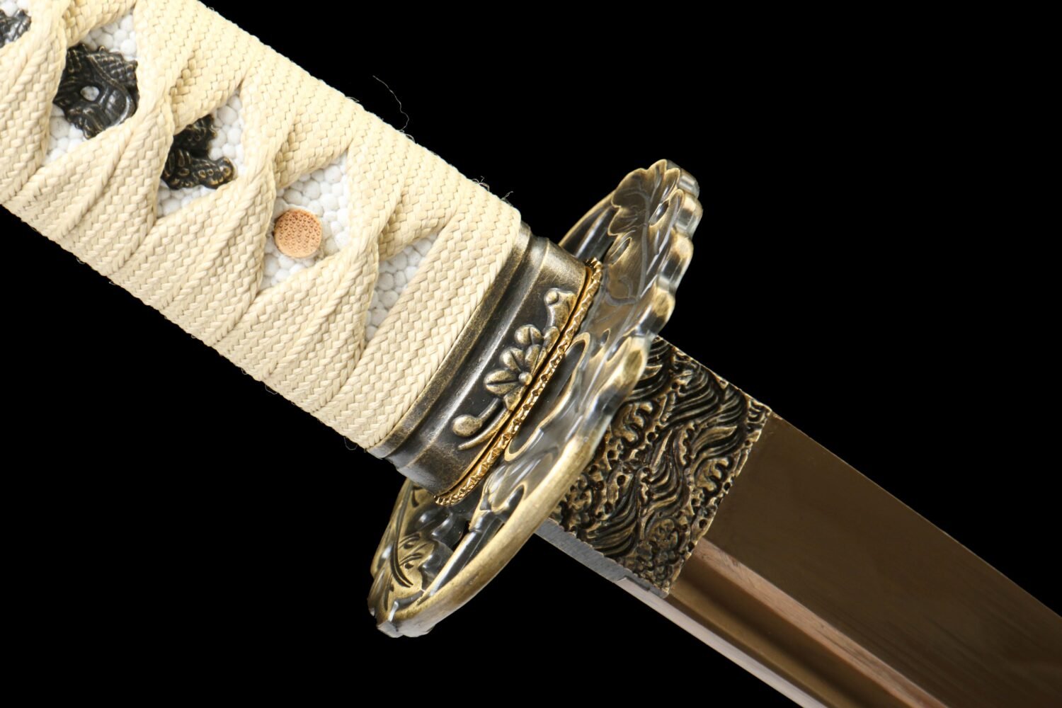 IMG_8888 T10 steel - pure handmade Japanese samurai sword - earth-covered burnt blade - green leather sheath - baked gold - gold flash