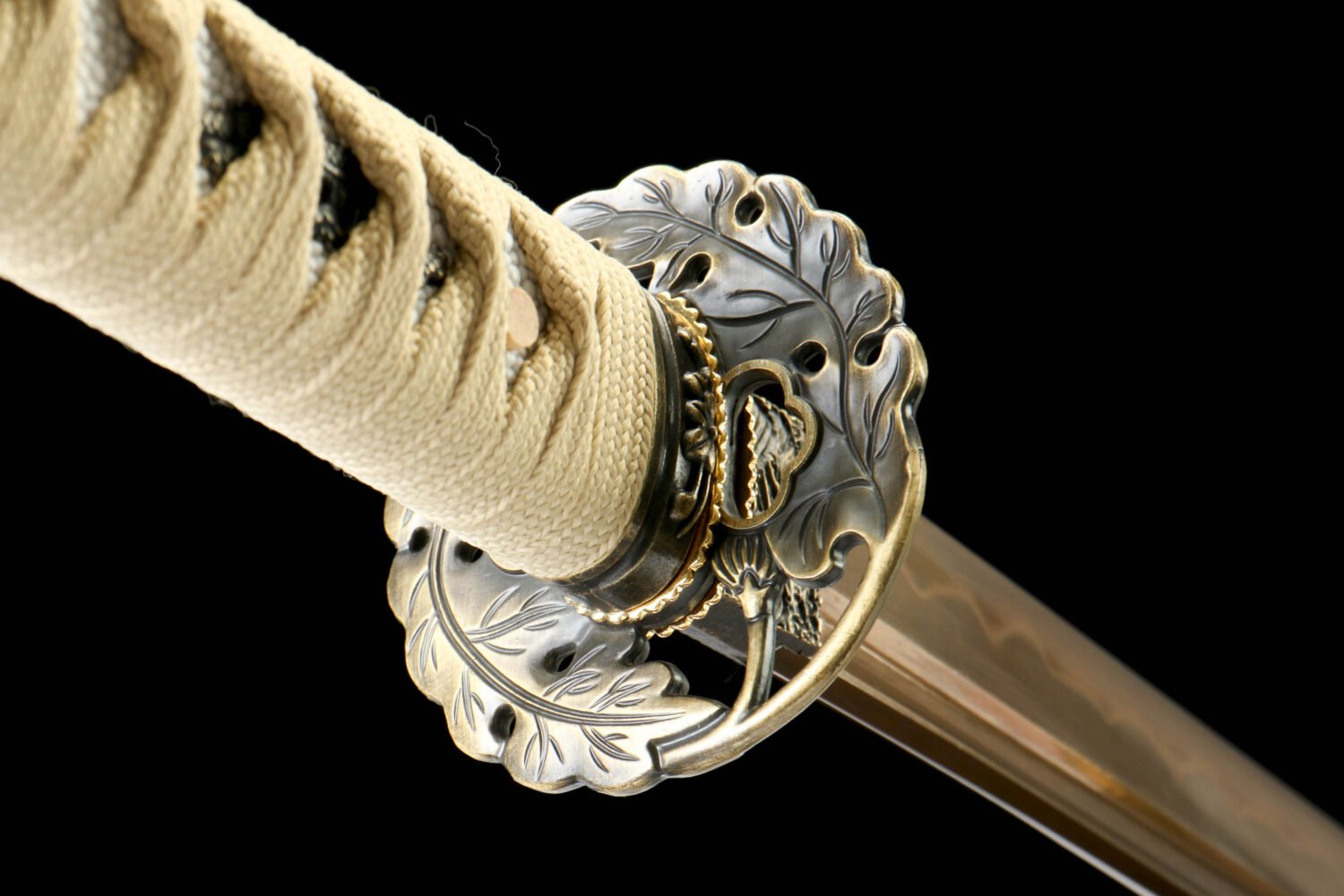 IMG_8894 T10 steel - pure handmade Japanese samurai sword - earth-covered burnt blade - green leather sheath - baked gold - gold flash