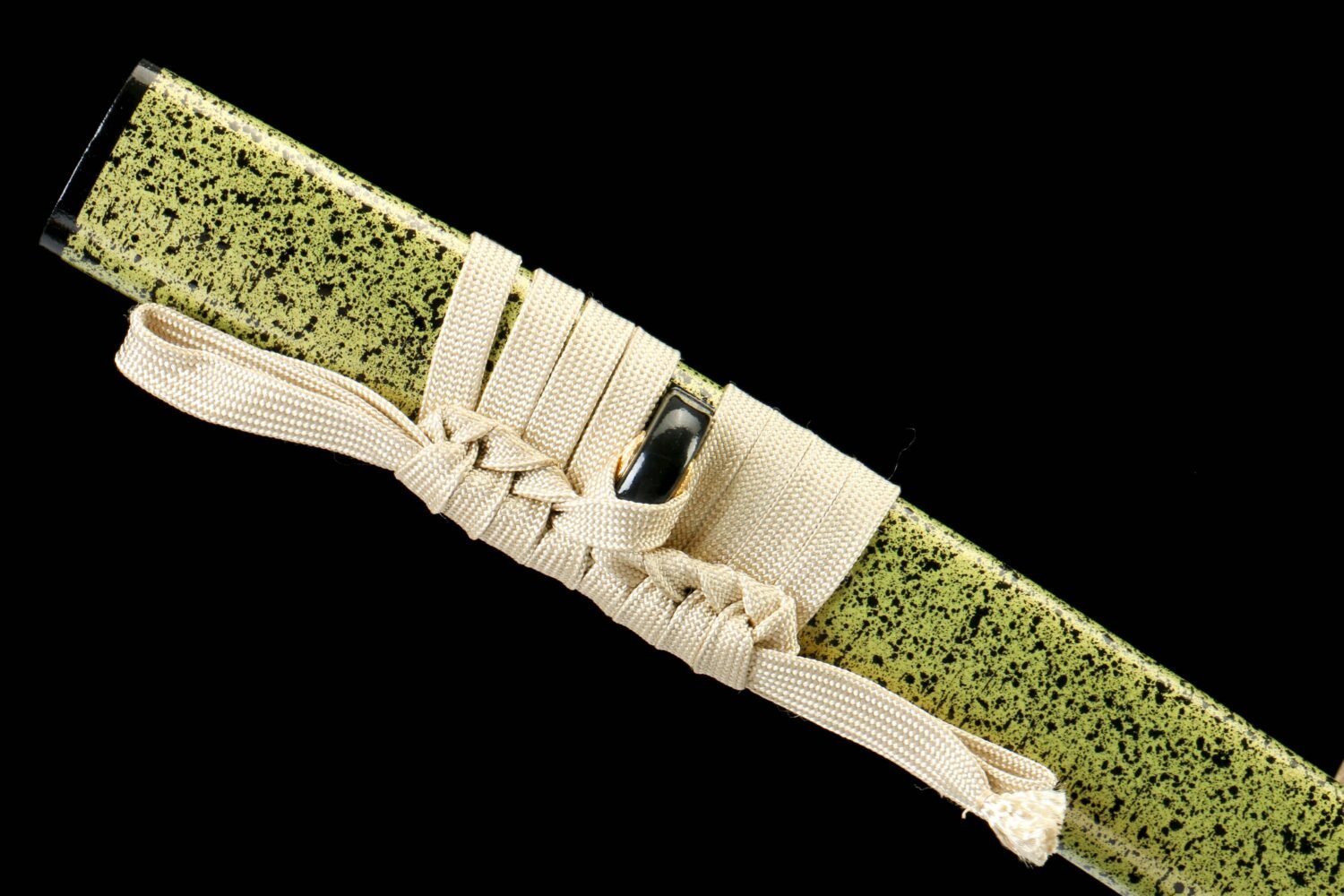 IMG_8897 T10 steel - pure handmade Japanese samurai sword - earth-covered burnt blade - green leather sheath - baked gold - gold flash