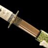 IMG_8900 T10 steel - pure handmade Japanese samurai sword - earth-covered burnt blade - green leather sheath - baked gold - gold flash