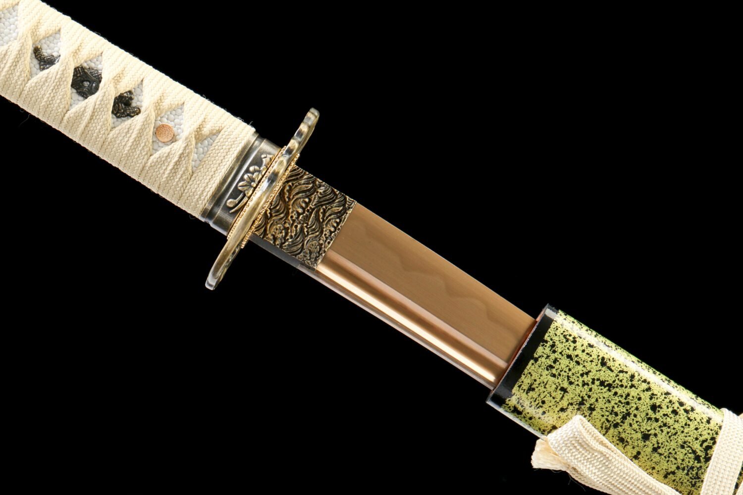 IMG_8900 T10 steel - pure handmade Japanese samurai sword - earth-covered burnt blade - green leather sheath - baked gold - gold flash