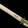 IMG_8902 T10 steel - pure handmade Japanese samurai sword - earth-covered burnt blade - green leather sheath - baked gold - gold flash