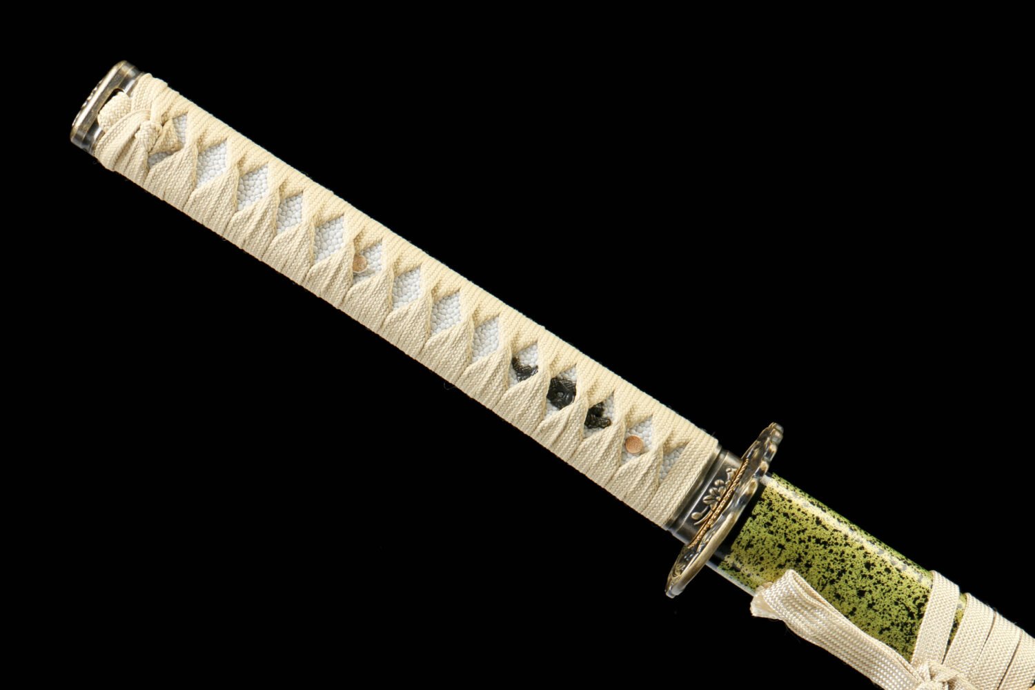 IMG_8902 T10 steel - pure handmade Japanese samurai sword - earth-covered burnt blade - green leather sheath - baked gold - gold flash