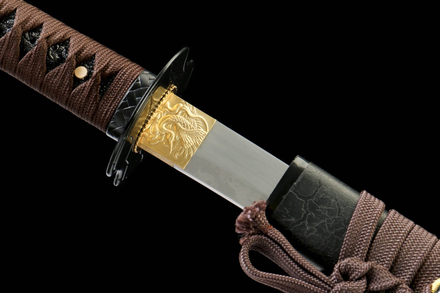 IMG_9105 1065 steel - pure handmade Japanese katana - green leather sheath - brown - brilliant flame