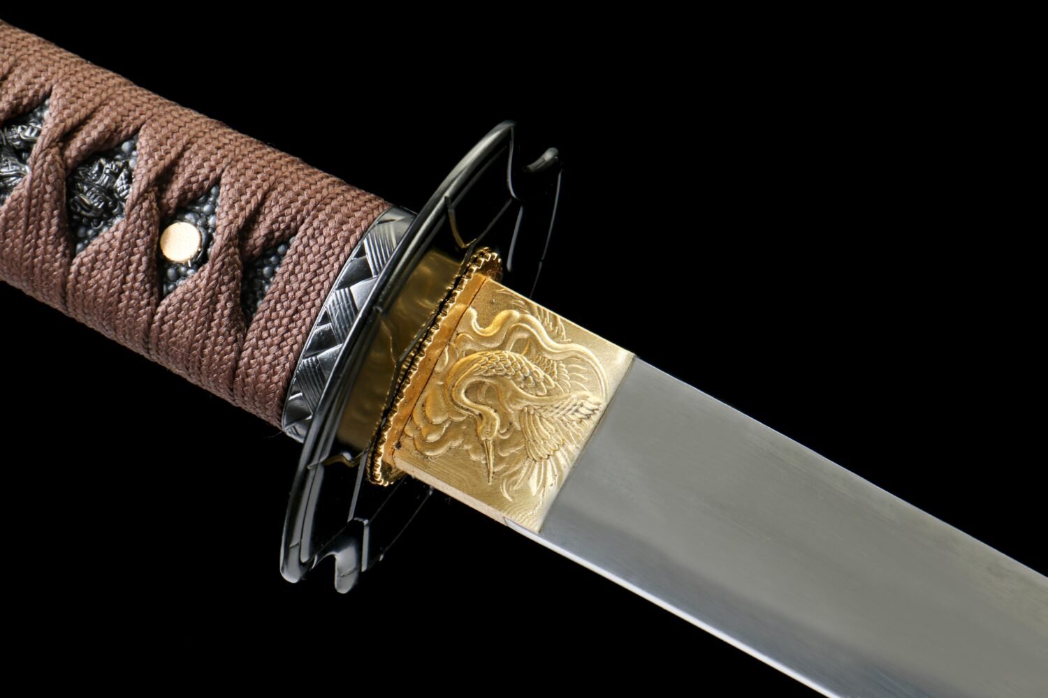IMG_9479 1065 steel - pure handmade Japanese katana - green leather sheath - brown - brilliant flame