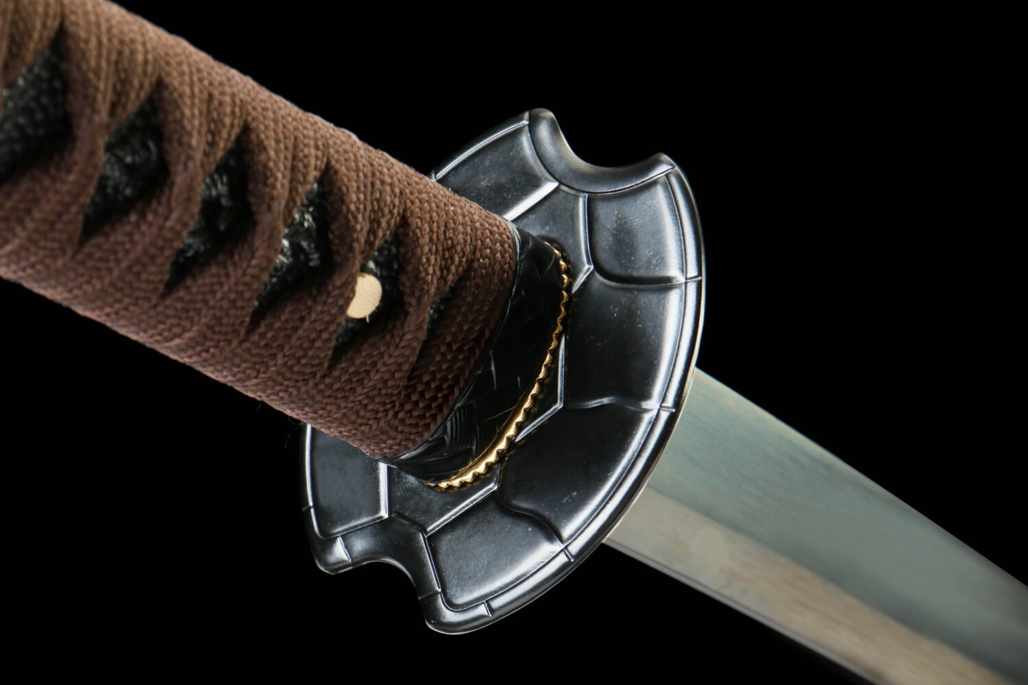 IMG_9482 1065 steel - pure handmade Japanese katana - green leather sheath - brown - brilliant flame