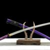 IMG_9960 T10 steel - pure handmade Japanese samurai sword - earth-covered burnt blade - green leather sheath - purple