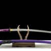 IMG_9965 T10 steel - pure handmade Japanese samurai sword - earth-covered burnt blade - green leather sheath - purple