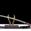 IMG_9976 T10 steel - pure handmade Japanese samurai sword - earth-covered burnt blade - green leather sheath - purple
