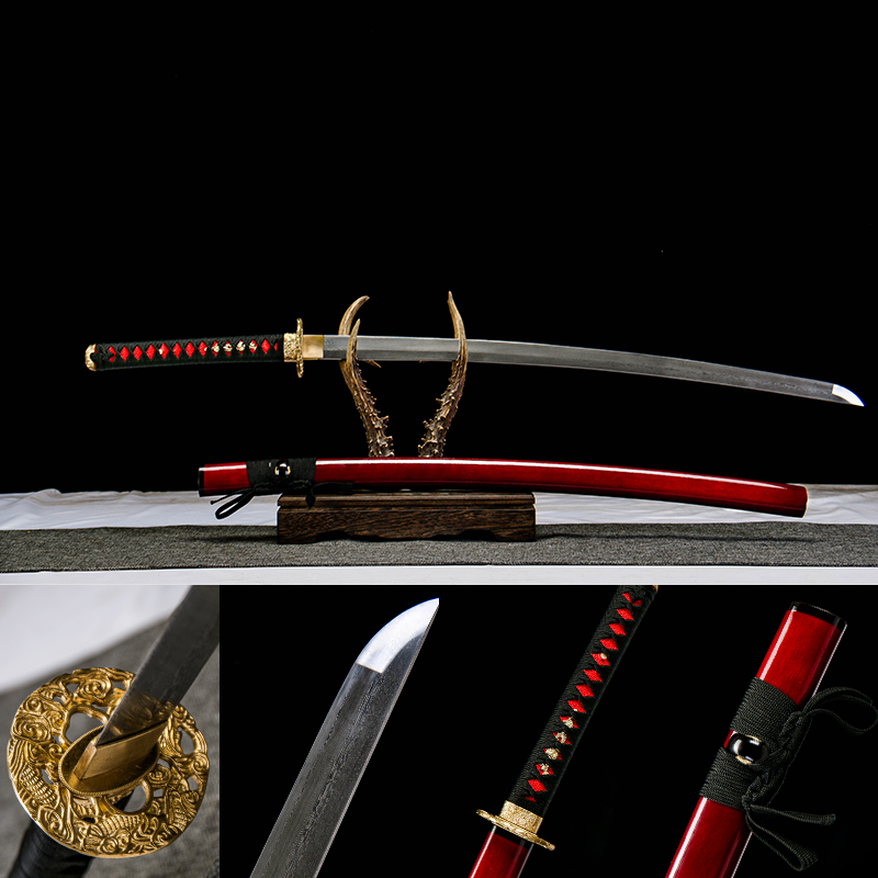 Patterned Steel - Handmade Japanese Katana - Green Leather Scabbard - Copper Hardware - Red Flame Beacon