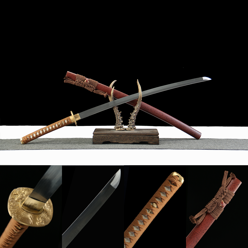 1060 steel - pure hand-forged samurai sword - green leather sheath - copper fittings - red clouds