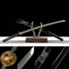 Damascus patterned steel - pure handmade Japanese katana - earth-covered burnt blade - green leather sheath - copper fittings - distressed three-color katana - gold ink feather