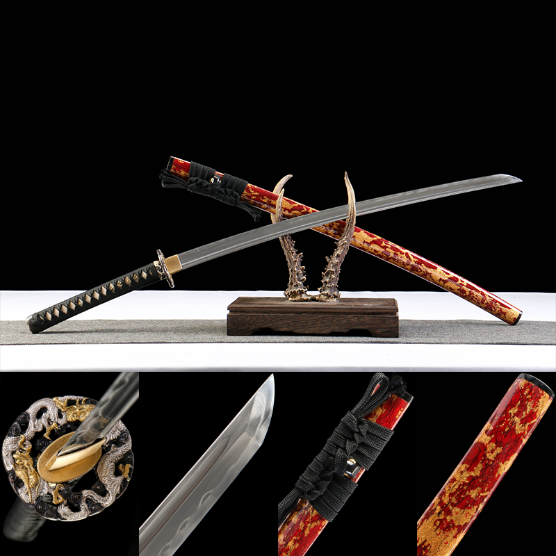 1060 steel - pure hand-forged samurai sword - green leather sheath - copper-plated gilded silver - three alloy foil sheathed scorched blade samurai sword - earth-covered scorched blade - gold-patterned red blade