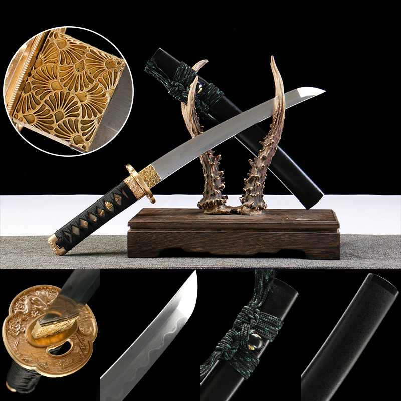 Patterned Steel - Purely Handmade Japanese Katana - Earth-Coated Burned Blade - Green Leather Scabbard - Copper Fittings - Burned Blade Katana - Ink-Quenched Dark Green