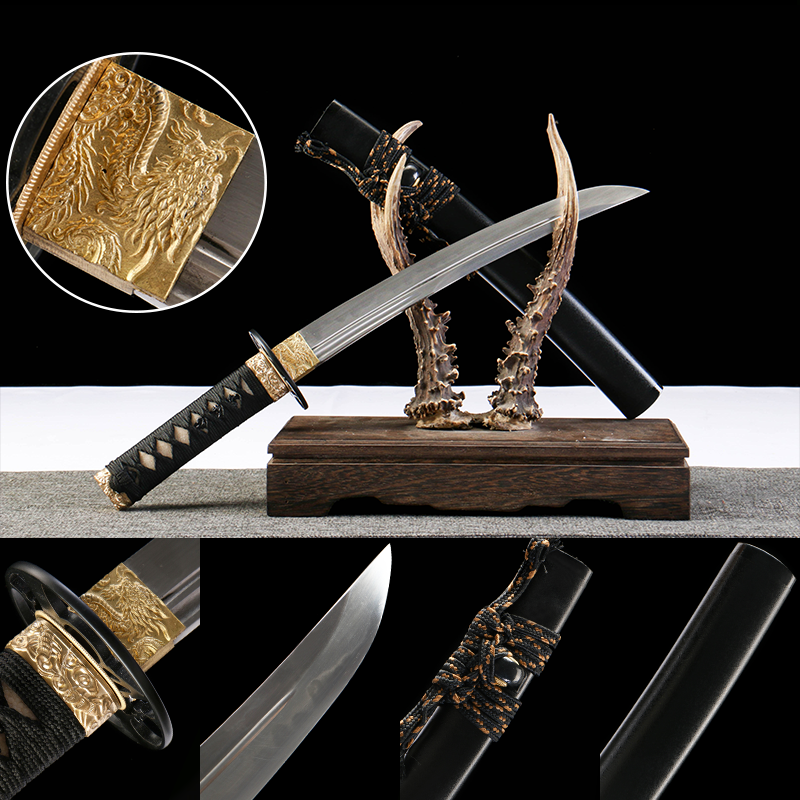 Patterned steel - pure hand-forged samurai sword - earth-covered and burned blade - green leather sheath - copper fittings - Mo Yuan Jin Guang