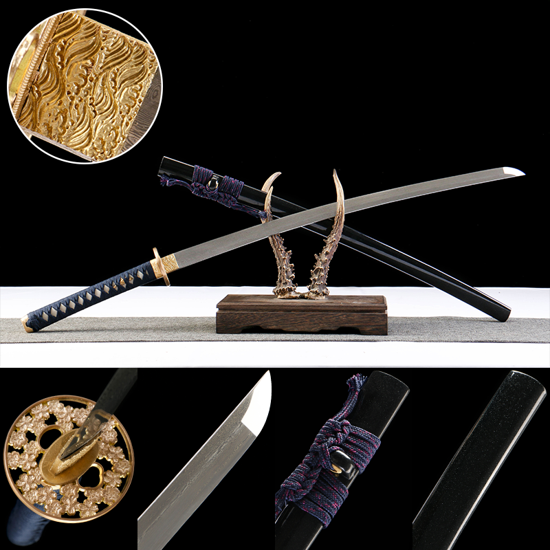Damascus steel patterned steel - pure handmade Japanese katana - green leather sheath - copper fittings - plum blossom scabbard katana - azure gold
