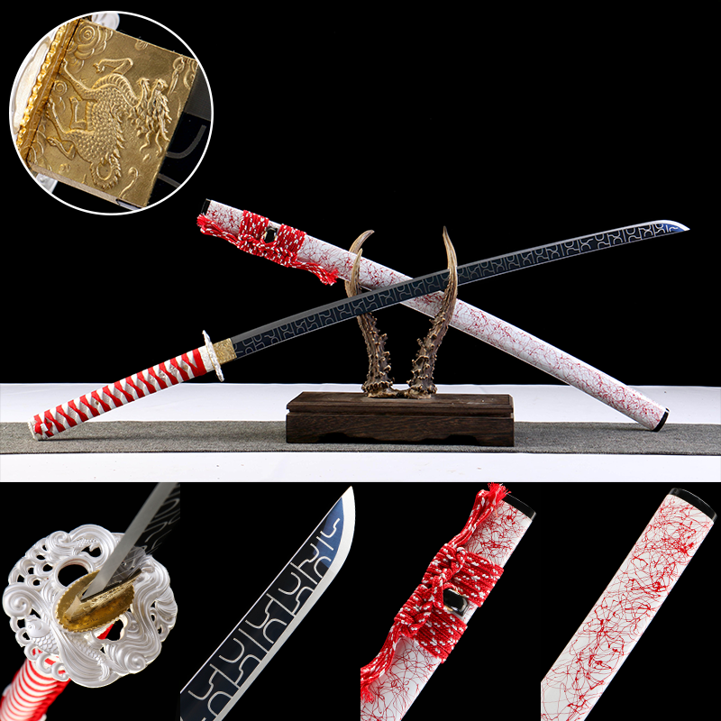 1065 steel - pure hand-forged samurai sword - green leather sheath - alloy equipment - white and red wave samurai sword - Zhu Hua Han Feng