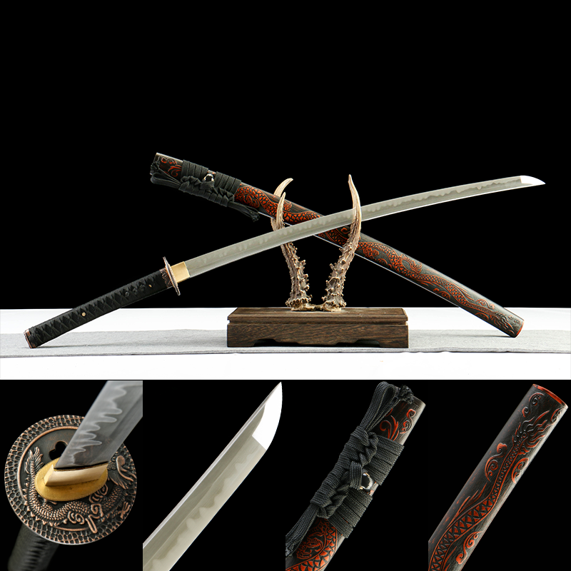 T8 steel - pure hand-forged samurai sword - earth-covered and burned blade - green leather sheath - zinc alloy fittings - carved dragon sheath samurai sword - Shen Ye Zhan