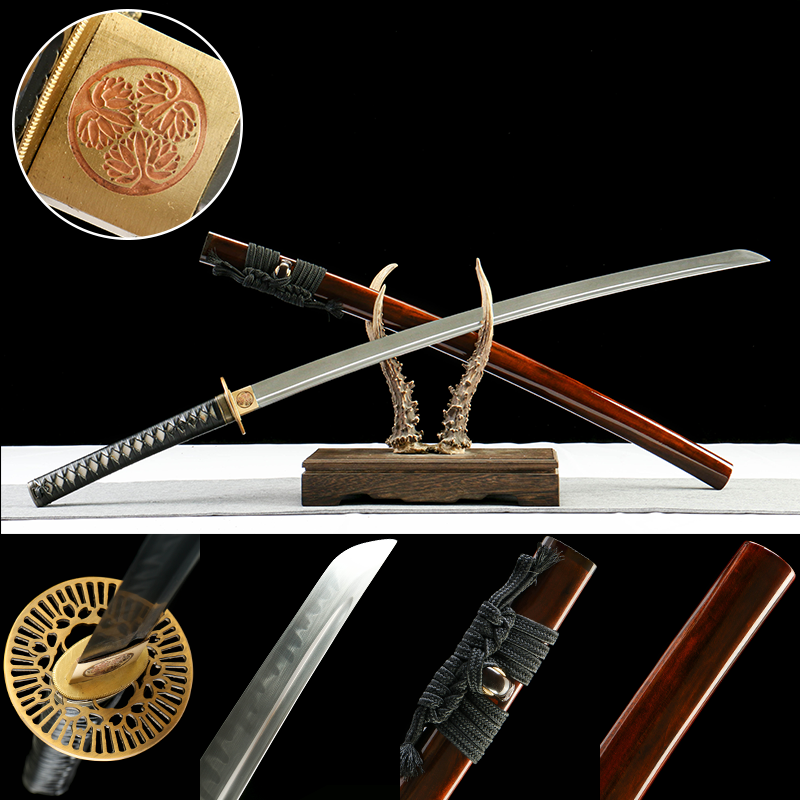 T10 steel - pure handmade Japanese katana - earth-covered burnt blade - green leather sheath - iron fittings - wine red wooden sheath katana - red