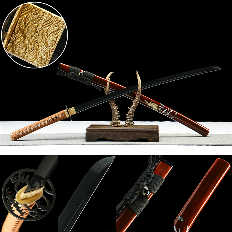 2024刀主图-恢复的-恢复的-恢复的 1065 steel - pure handmade Japanese katana - green leather sheath - iron fittings - crane high carbon steel blackened katana - brown blade