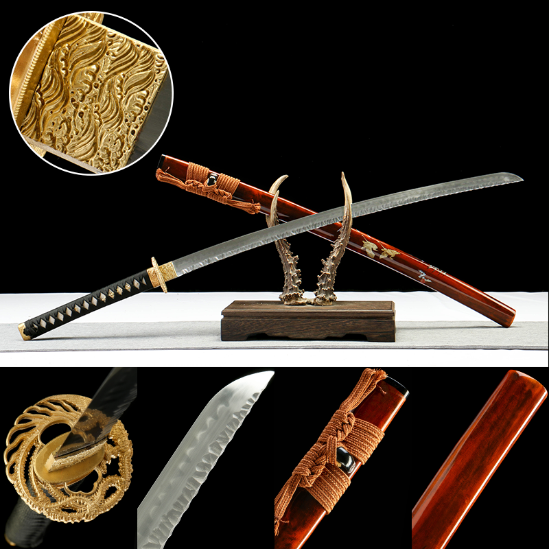 T10 steel - pure hand-forged samurai sword - earth-covered burnt blade - green leather sheath - exclusive blade arrowhead hand-made stone wave burnt blade samurai sword - brown sharp