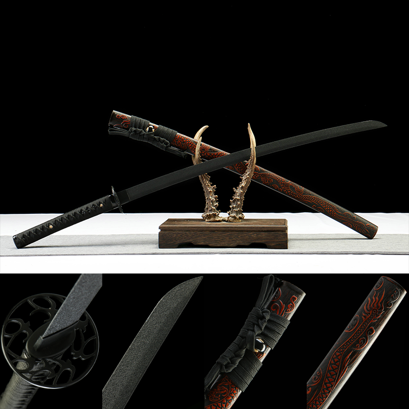 Carbon steel + ceramic coating - pure hand-forged samurai sword - iron equipment - ceramic coating engraved dragon sheath samurai sword - black handle