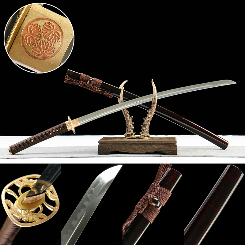 T10 steel - pure handmade Japanese katana - earth-covered burnt blade - copper fittings - katana made of katana with burnt blade - gold feather knife