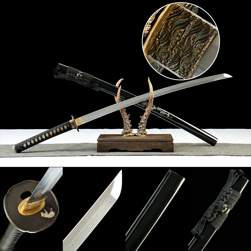 Damascus steel, handmade Japanese katana, four-leaf clover pattern, ox horn shell sheath, bronze gilt silver, hunting sword