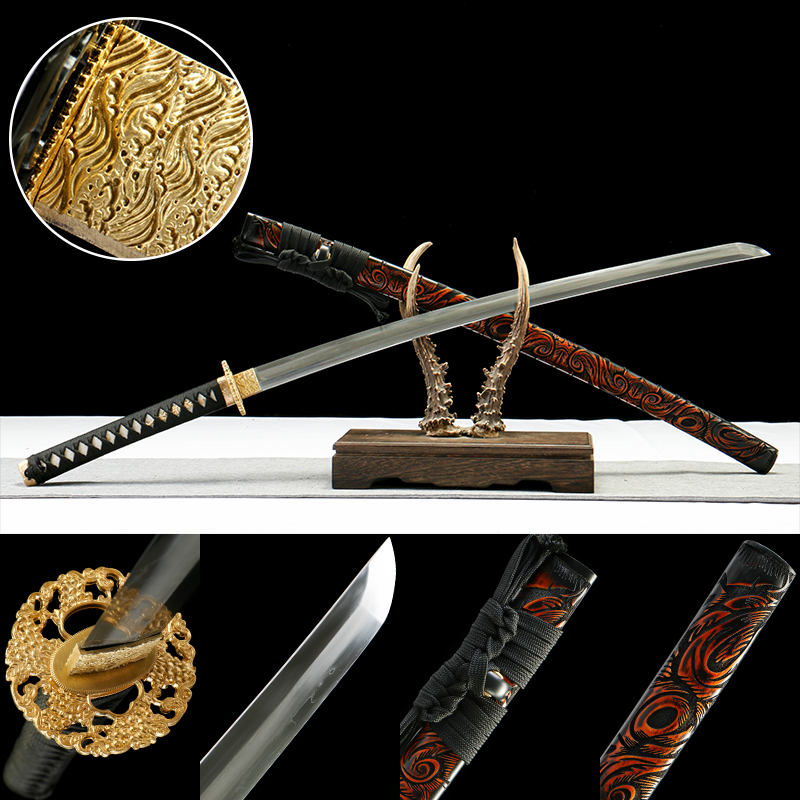 1060 steel - pure hand-forged samurai sword - covered with earth-burned blade - copper fittings - three-burned blade grinding samurai sword - ink meteorite cut