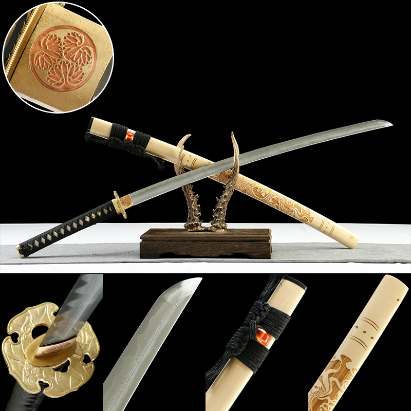 Damascus steel pattern steel - pure handmade Japanese samurai sword - covered with earth burning blade - copper fittings - original wood pattern steel burning blade Shangyan samurai sword - Sufeng