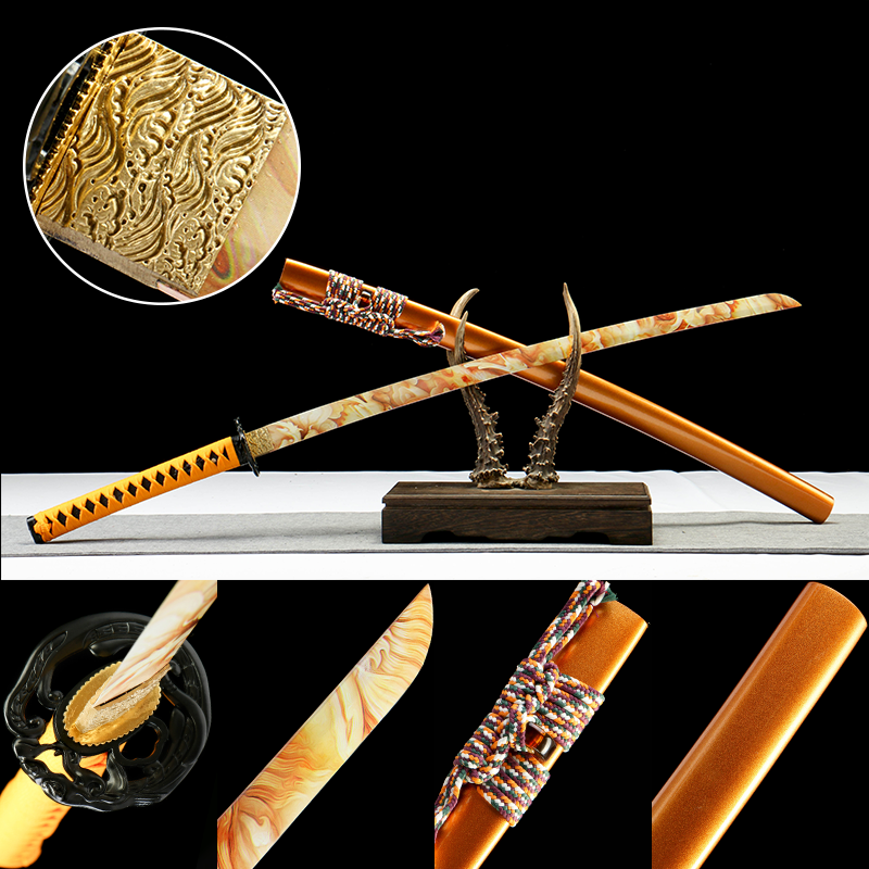 2024刀主图-恢复的-恢复的-恢复的 1065 steel - pure hand-forged samurai sword - zinc alloy fittings - dragon guard yellow samurai sword - plain gold