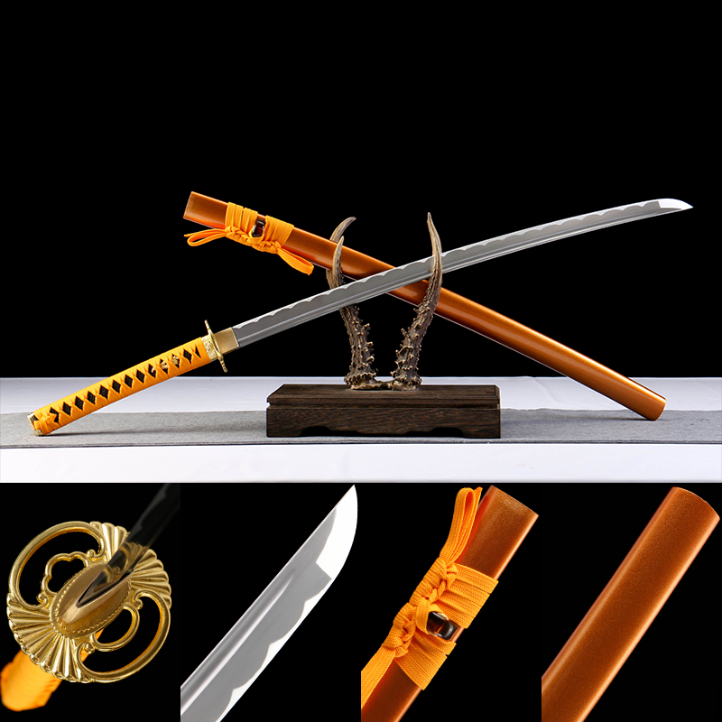 2024刀主图-恢复的-恢复的-恢复的 1065 steel - pure handmade Japanese katana - iron fittings - green leather sheath - gold - red light