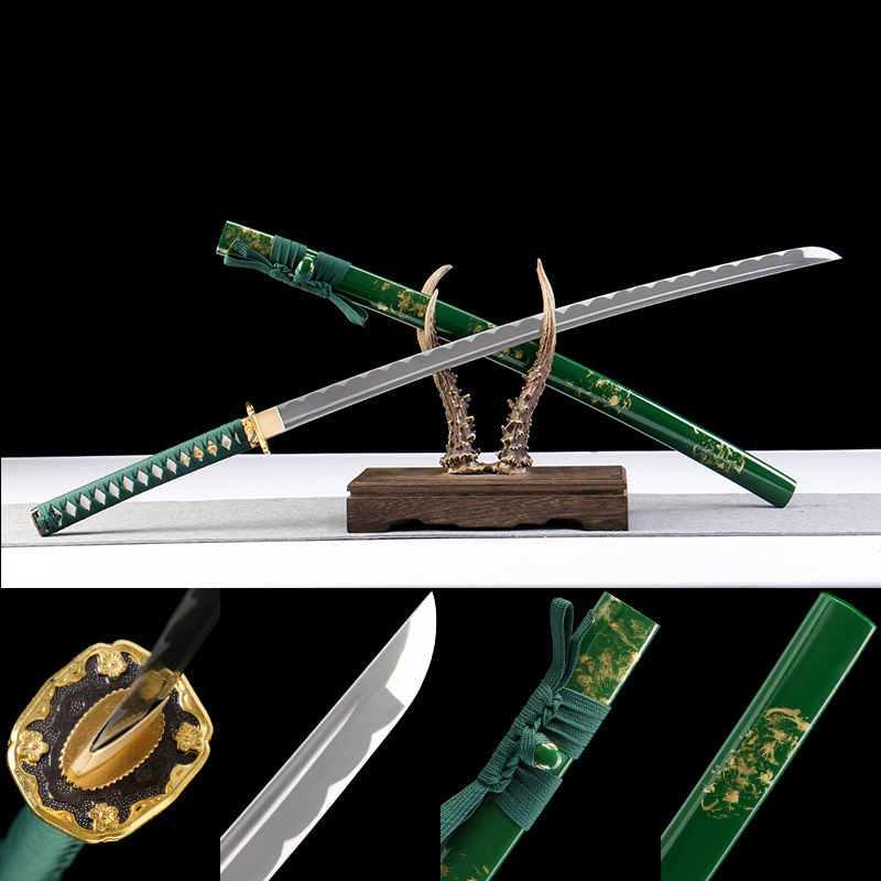 2024刀主图-恢复的-恢复的-恢复的 1065 steel - pure hand-forged samurai sword - iron fittings - green leather sheath - green - emerald gold blade