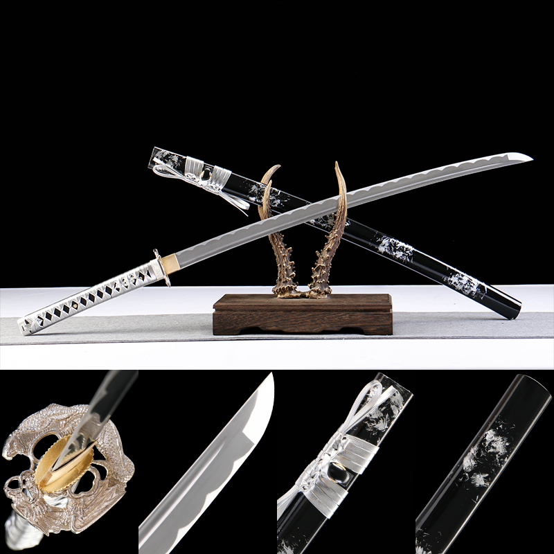 2024刀主图-恢复的-恢复的-恢复的 1065 steel - pure hand-forged samurai sword - iron fittings - green leather sheath - black - silver skeleton