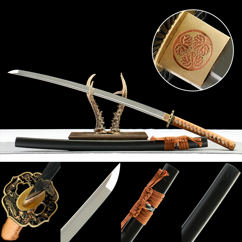 2024刀主图-恢复的-恢复的-恢复的 1065 steel - pure hand-forged samurai sword - zinc alloy fittings - high carbon steel black samurai sword - yellow moon