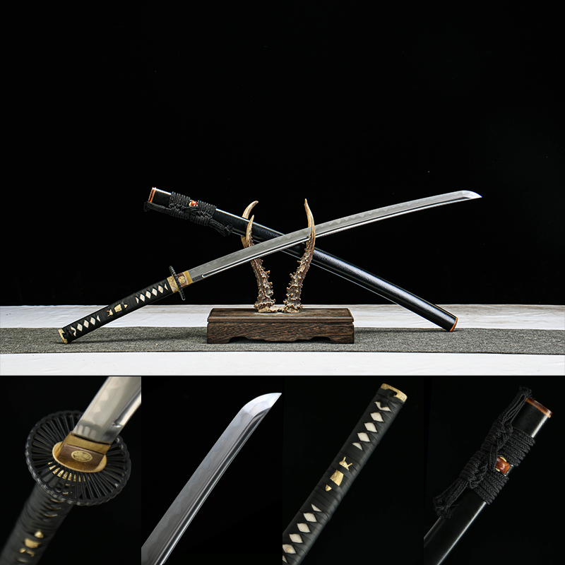 1060 steel - pure hand-forged samurai sword - green leather sheath - steel clamp - iron equipment - Tianxuan