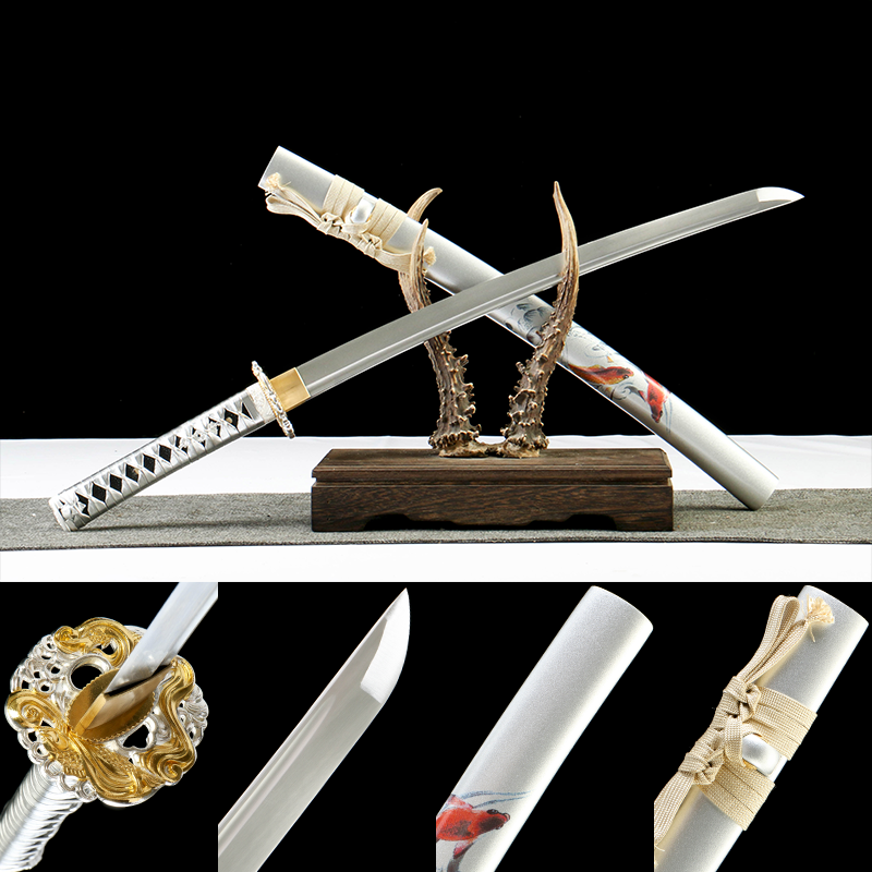 2024刀主图-恢复的-恢复的-恢复的 1065 steel - pure handmade Japanese katana - alloy fittings - green leather sheath - koi wakizashi