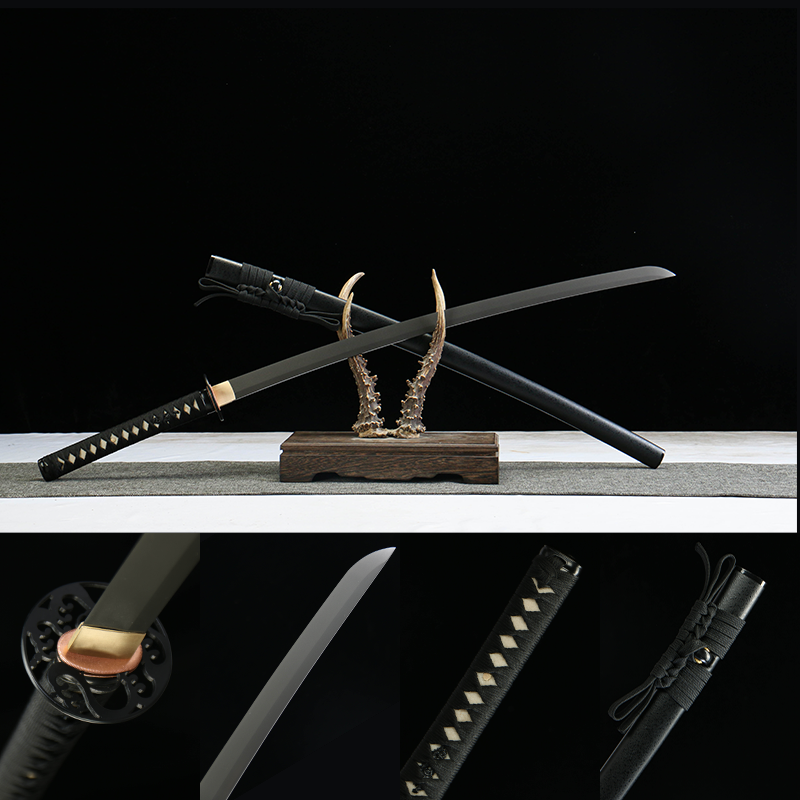 carbon steel titanium plated - pure hand-forged samurai sword - green leather sheath - iron equipment - Xuanying
