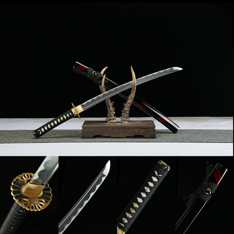 1045 steel - pure handmade Japanese samurai sword - zinc alloy fittings - green leather sheath - flame shadow