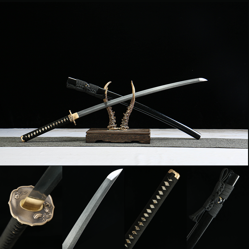 Patterned Steel - Hand-Forged Katana - Green Leather Scabbard - Copper Hardware - Night Blade